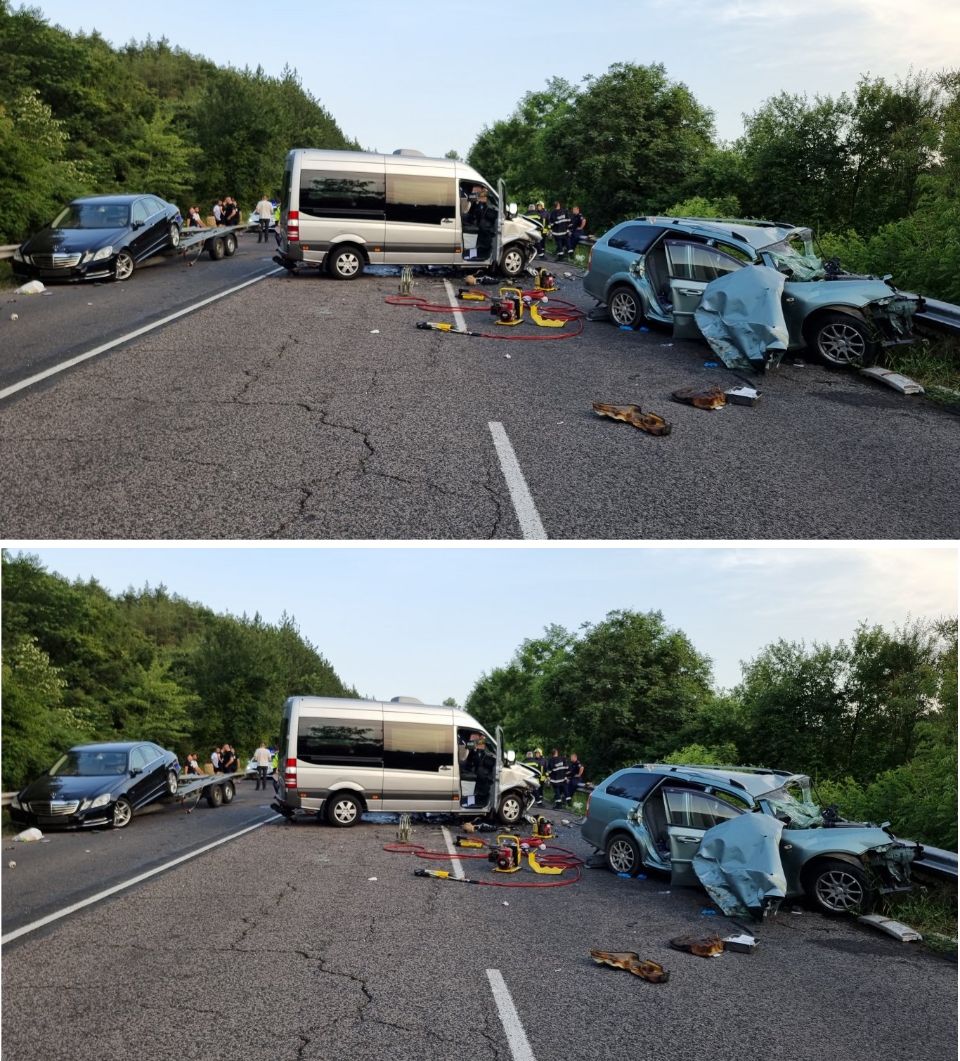 Зверска катастрофа между микробус и кола, пълно е с линейки