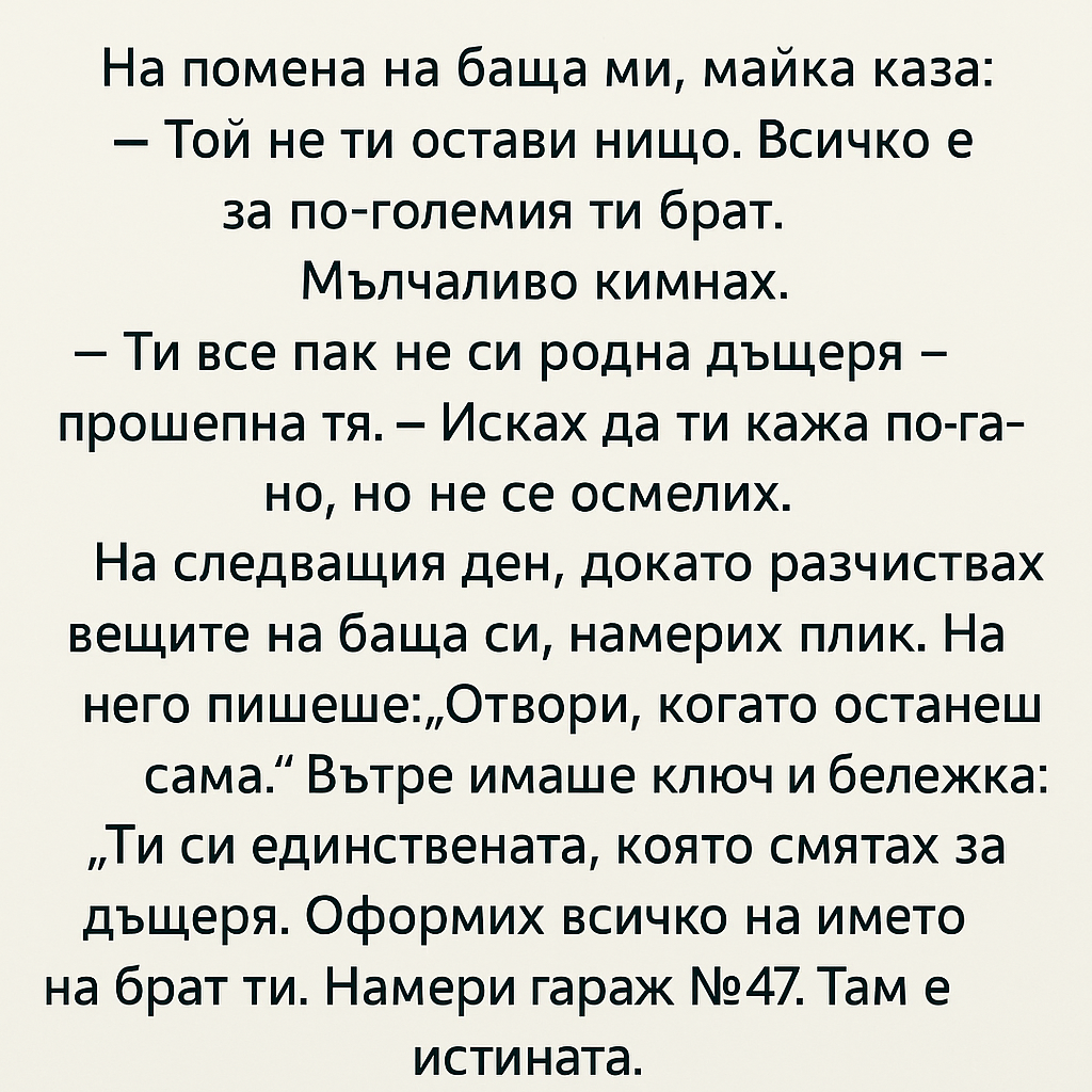 На помена на баща ми, майка каза: – Той не ти остави нищо. Всичко е за по-големия ти брат…