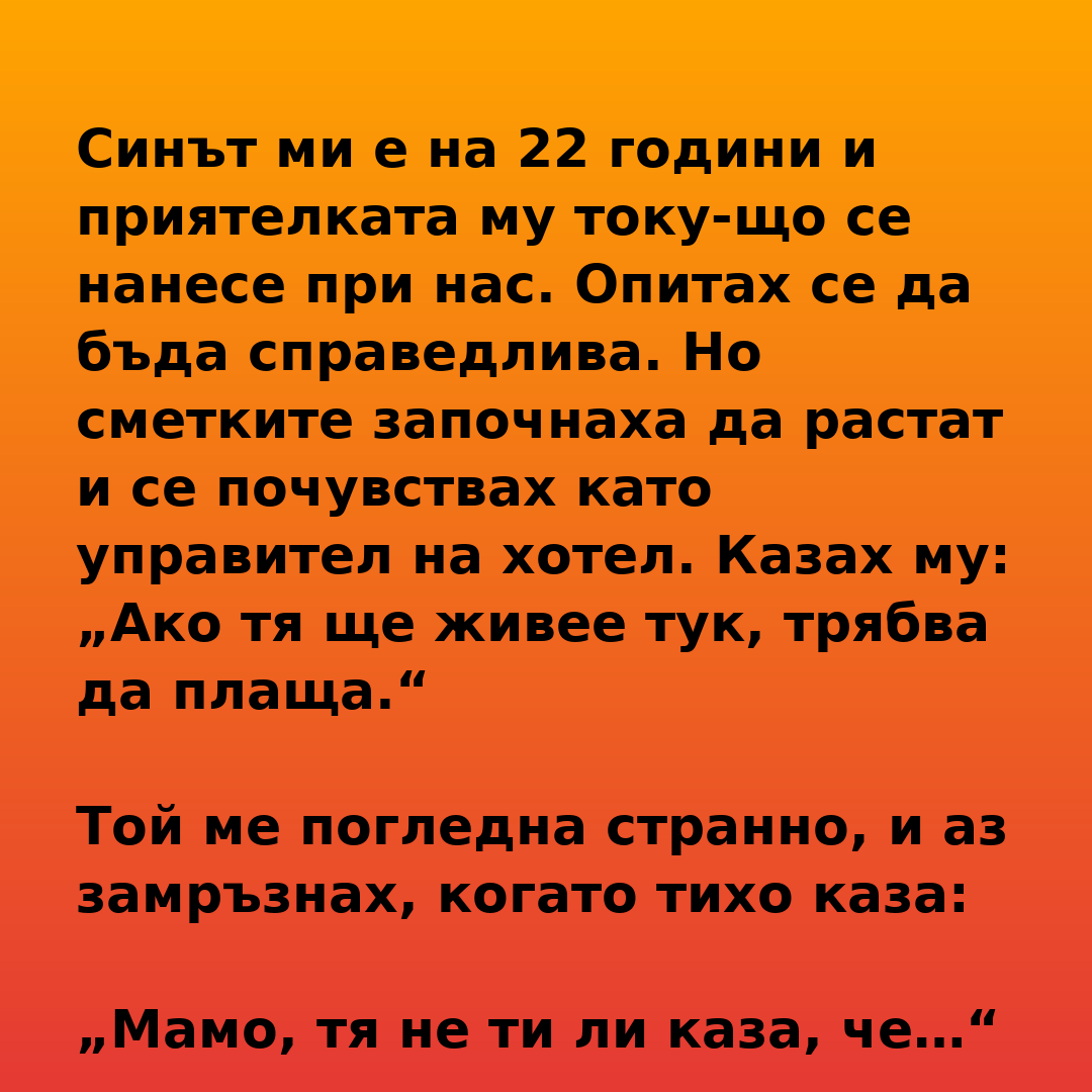 Той ме погледна странно и тихо отвърна: „Мамо… тя не ти ли каза, че няма къде да отиде?