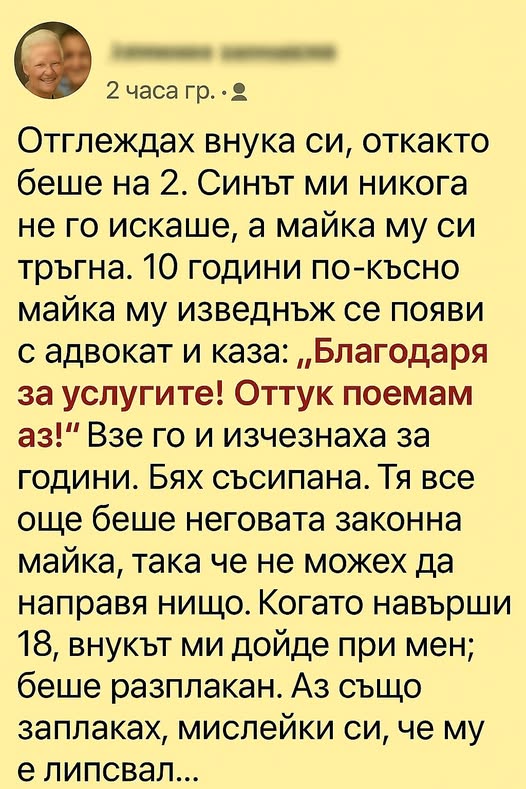Отглеждах внука си, откакто беше на 2. Синът ми никога не го искаше, а майка му си тръгна
