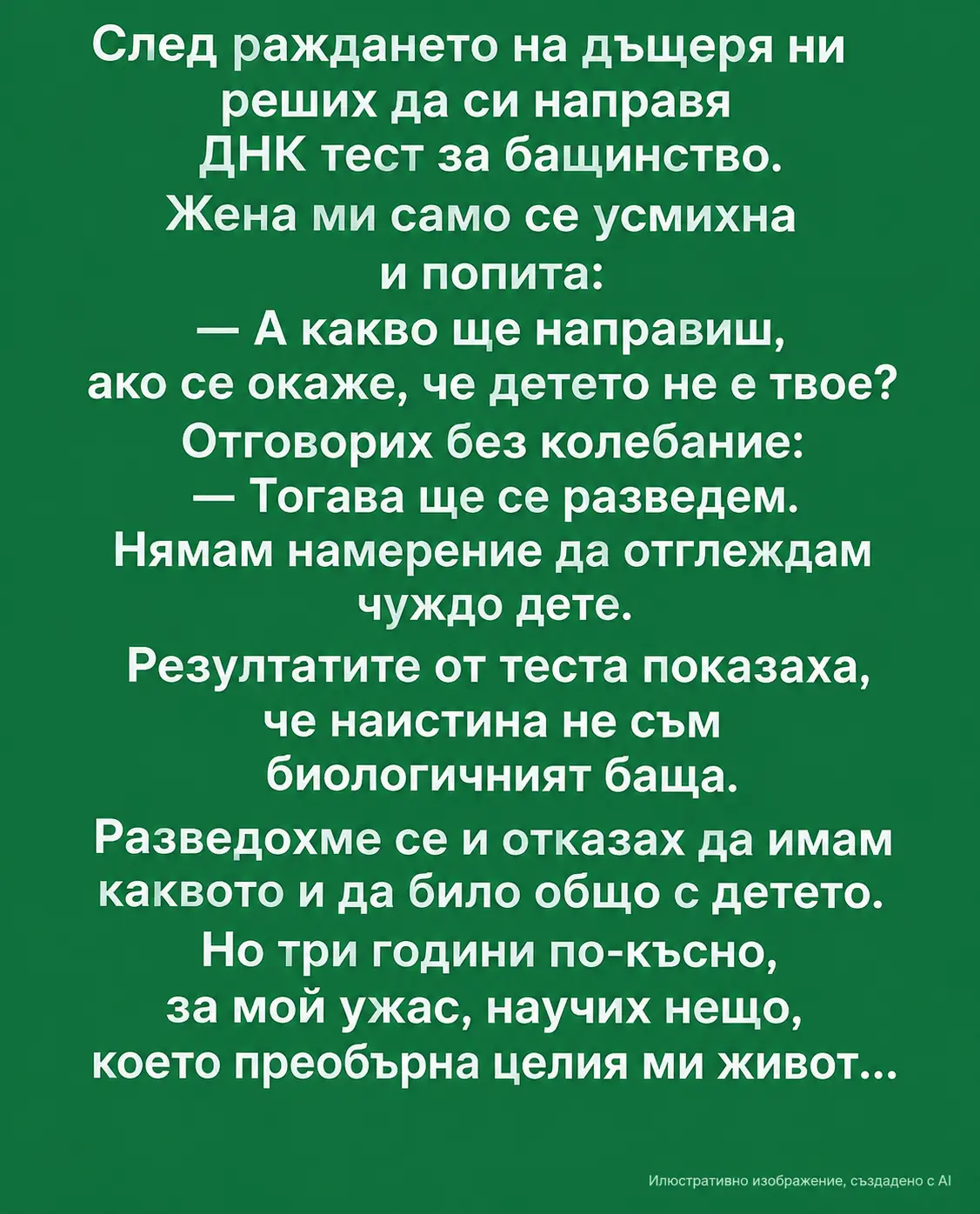 След раждането на дъщеря ни реших да си направя ДНК тест за бащинство. Жена ми само се усмихна и попита: — А какво ще направиш, ако се окаже, че детето не е твое? Отговорих без колебание:
