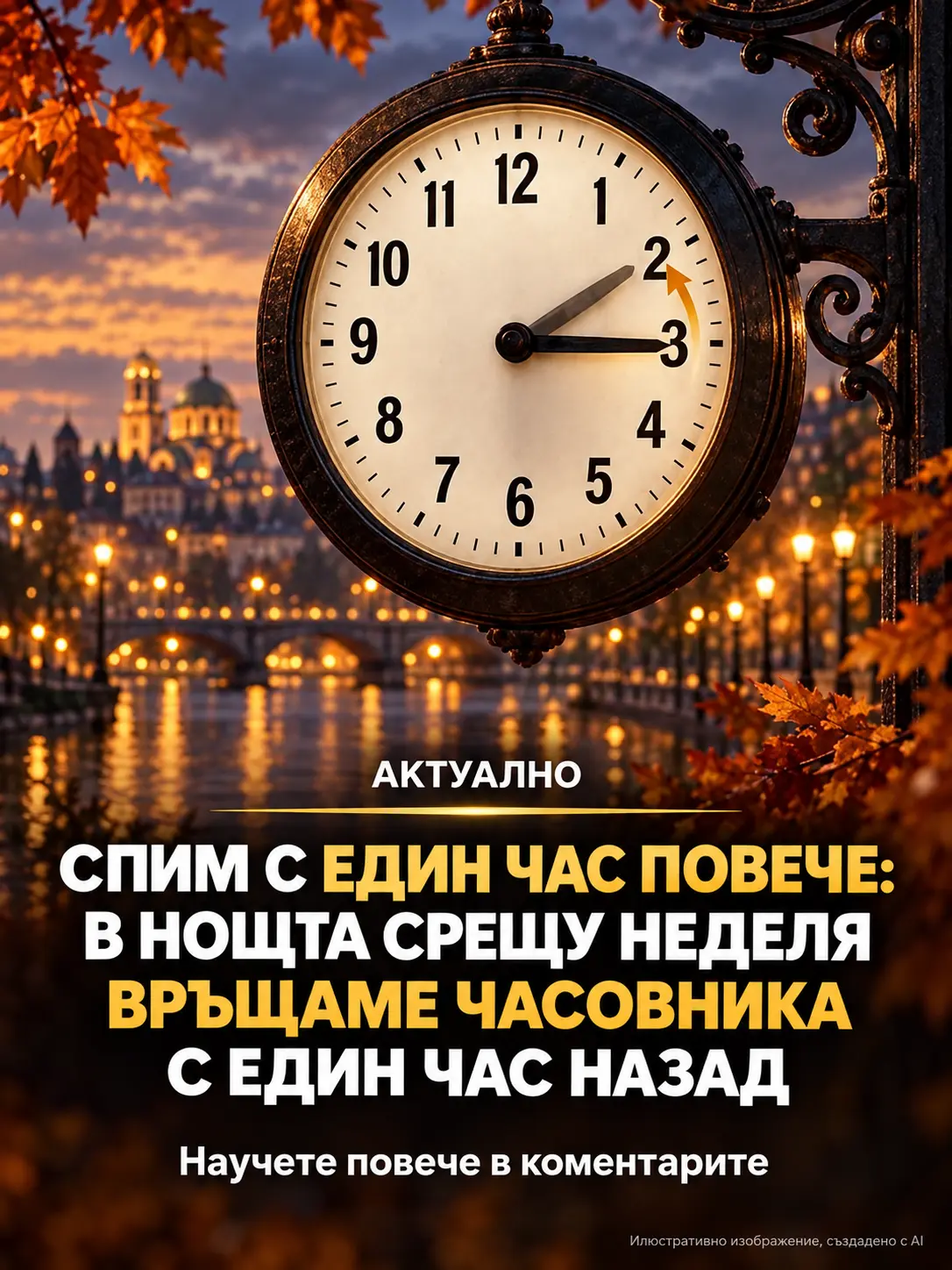 Ще спим с един час повече!  В нощта срещу неделя местим стрелките на часовника с един час назад и преминаваме към зимното часово време.